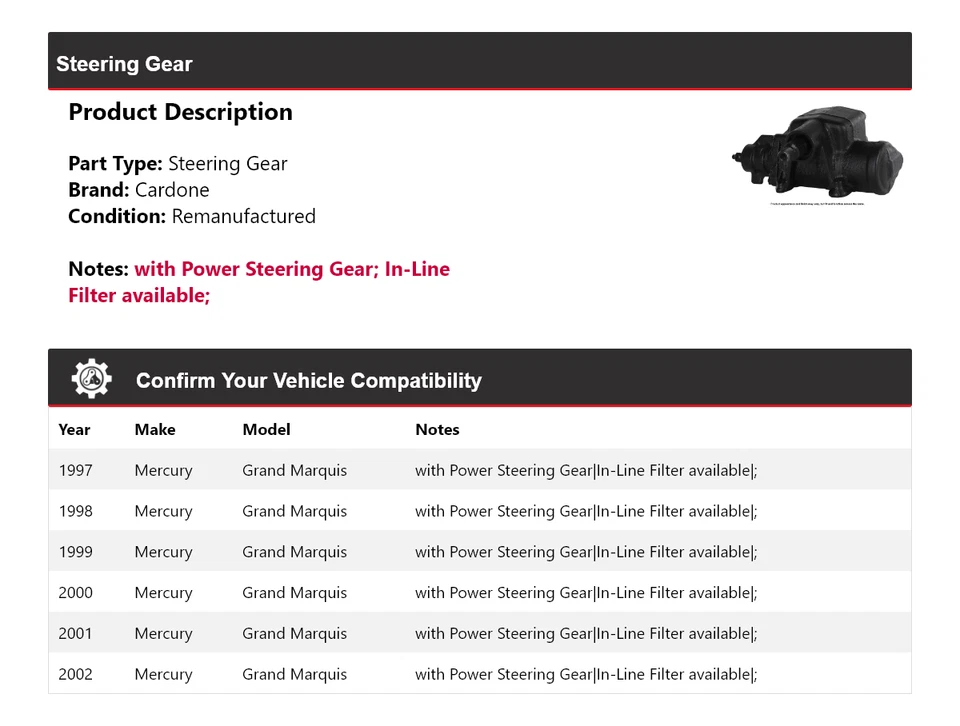 Engranaje de dirección Cardone para Mercury Grand Marquis 1997-2002 1998 1999 2000 2001 Foto 2 de 4