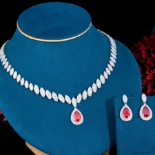 Red CZ Stone Drop Necklace Earrings Set for Brides Wedding Banquet Fine Jewelry