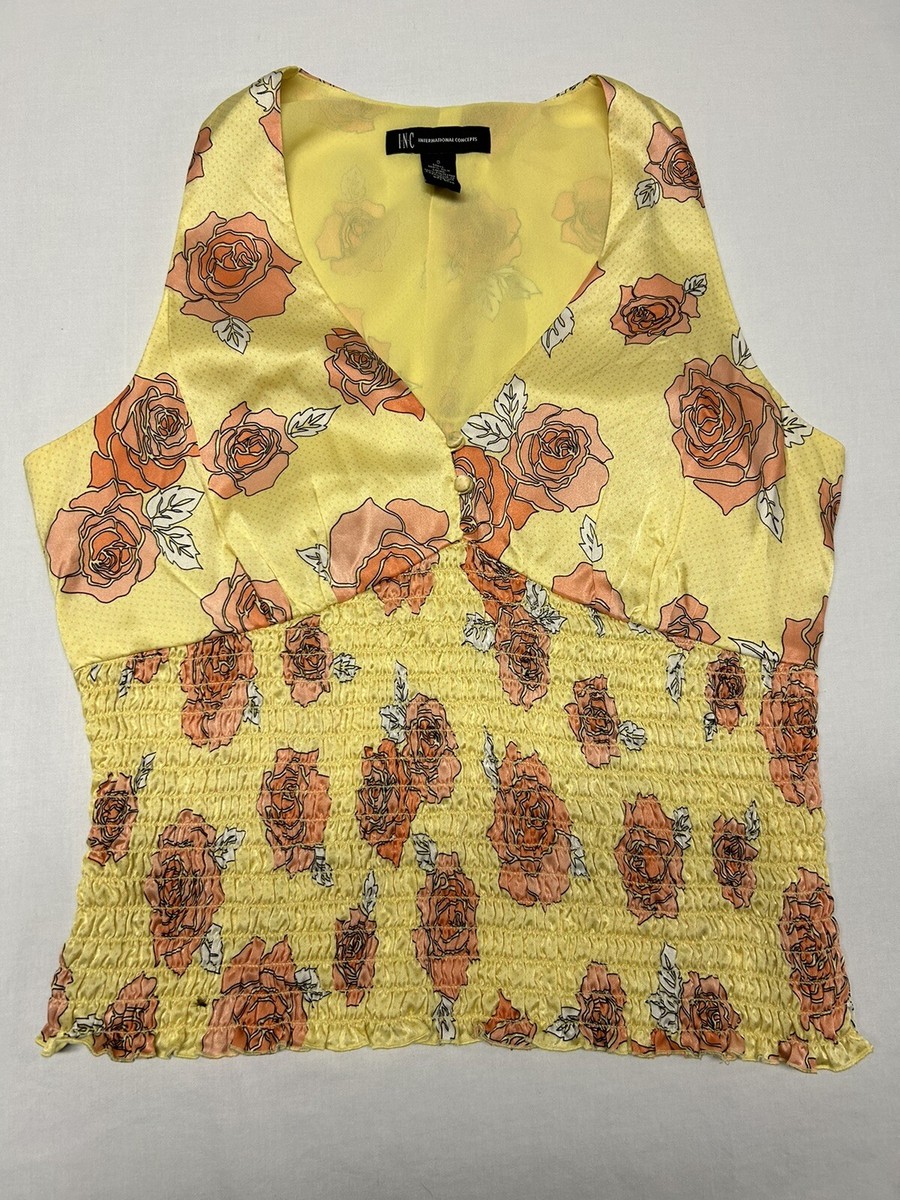 トップス Flower Print Ribbed Tank Top INC Womens 100% Silk Floral Print Yellow Ribbed V Neck Tank Top