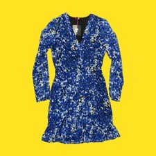 V BY VERY Dobby Printed Wrap Mini Dress, Open V Neckline, Flowy Hem, Blue, UK 14