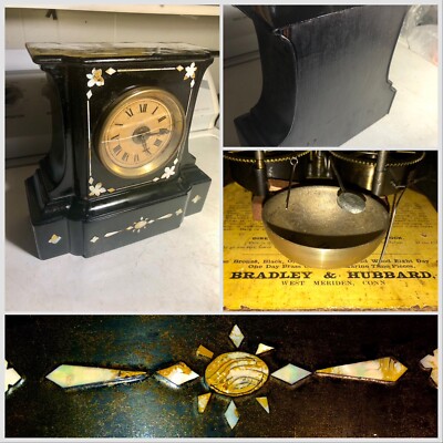 Antique Clock Inlaid Castiron Bradley & Hubbard Mantel Clock
