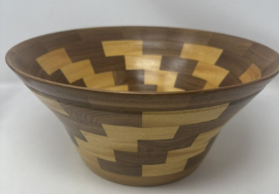 Large Segmented Hand-Turned Wood Fluted Salad Bowl MCM Over 12'' Wide