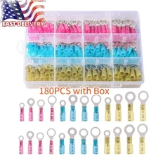 180Pcs Heat Shrink Wire Crimp Connectors Ring Terminals AWG 22-10 Waterproof