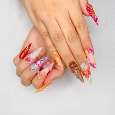 Vivid Bloom 3D Floral Press-On Nails, Artistic Abstract Textured Handmade Set