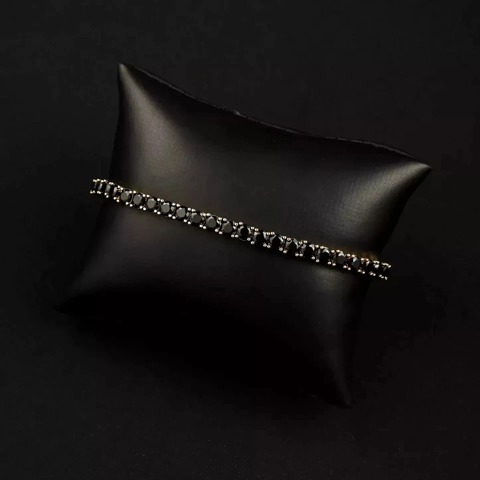 10K Gold 3MM Round Lab Created Black Diamond Luxury Men's Tennis Bracelet 7" - Image 4 of 4