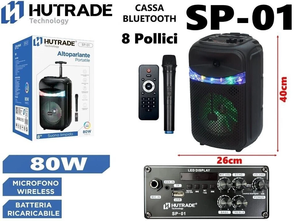 HUTRADE Cassa Amplificata Sp-01 80W Karaoke Bluetooth Microfono Wireless Trolley