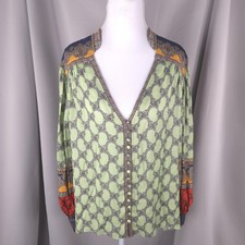 Alice and Olivia Tunic Womens L Green Scarf Print Balloon Sleeve Boho Mosaic Top