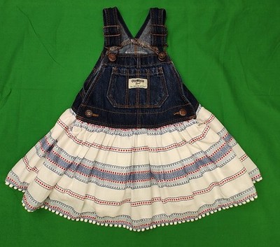 Osh Kosh B'Gosh Toddler Girl Blue Jean White Eyelet Bib Overall Dress Size 2T