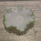 Vintage Fenton Style Milk Glass Bowl Green Ruffled Edge Decorative Dish