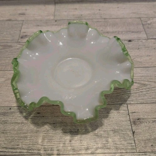 Vintage Fenton Style Milk Glass Bowl Green Ruffled Edge Decorative Dish