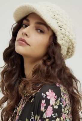 Newsboy Style Crochet Ivory Knit Beanie Winter Hat Free People OS NWT Hippie