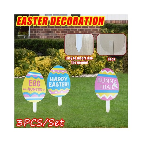 3 PCS Wooden Easter Egg Garden Stake Yard Signs Decoration Bunny Trail Colorf...