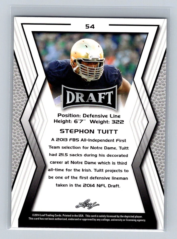 2014 Leaf Draft #54 Stephon Tuitt Notre Dame Fighting Irish - Image 2 of 2