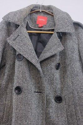 Esprit Women's Grey Tweed Double-Breasted Wool Blend Coat w/ Hood