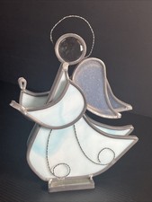 Vtg Stained Glass Angel Free Standing Suncatcher Hand-Cut Blue 8
