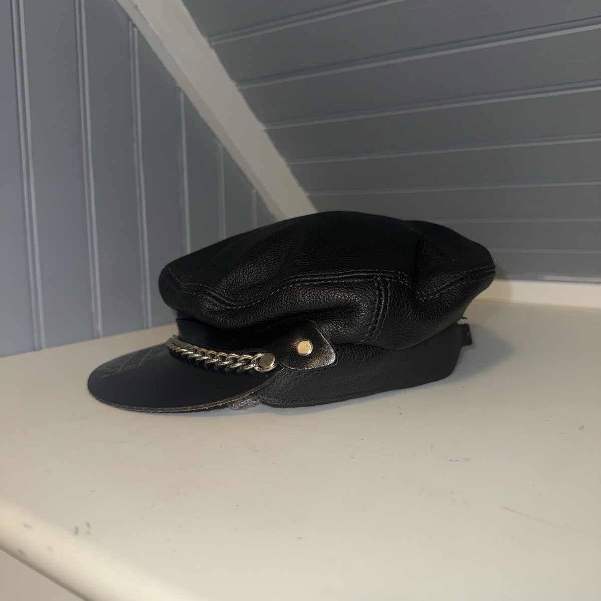 Black Leather Captain\'s Hat with silver Chain Trim Leather Cap With Chain - Mr Leather Shop - Custom Leather  main image 4
