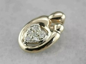 Authentic 1/4CT Moissanite Mother Child Love Heart Pendant Necklace 14K Yellow Gold Plated