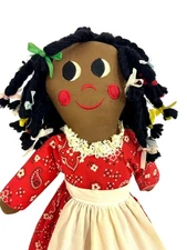 Gambina Ninkie Cloth Rag Doll Vtg 1980s Braids 16” Black Girl Handmade Folk Art