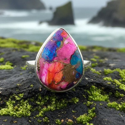 Turquoise Ring Boho Wiccan Spiny Oyster Ladies Statement Ring 925