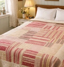 Pottery Barn Patchwork Cottage Core Queen QUILT Ticking Stripe in Reds Tan