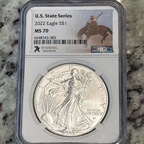 2022 $1 AMERICAN SILVER EAGLE NGC MS70 U.S. STATE SERIES WYOMING LABEL