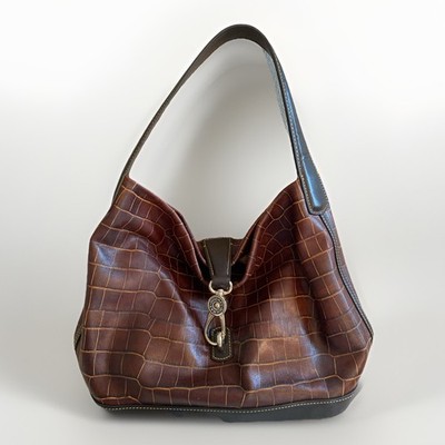 Dooney & Bourke Croc Embossed Leather Reverse Logo Lock Hobo Brown Black Purse