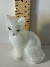 Fenton Iridescent White Cat 3.75  with Green Eyes Figurine