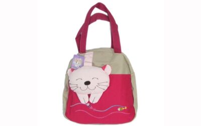 Mädchen Canvas Schultertasche rosa beige mit Katzendesign Plüschmaterial & Fisch