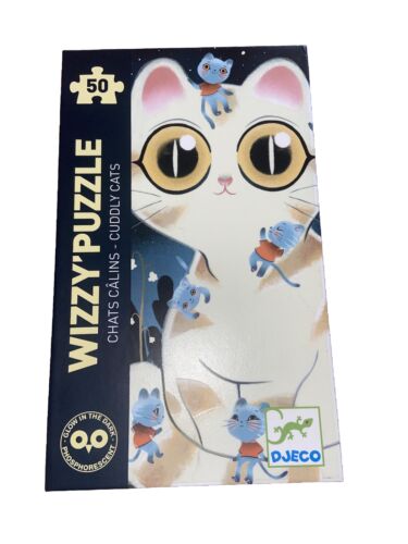 Cuddly Cats 50pc Glow-in-the-Dark Wizzy Jigsaw Puzzle - Djeco, UNOPENED 34x48cm - Picture 1 of 5