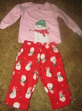 Girls Carter's NWT red and pink snowman top and fleece bottom pj set size 12 mos