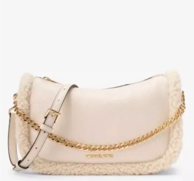 Michael Kors Carmela Pouchette Cross Body Bag Leather Shearling Faux Fur Trim