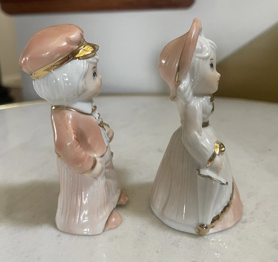 Estatuillas de porcelana vintage de melocotón elegancia artesanía regalo niña y niño acento dorado Foto 4 de 4