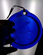 Vintage Handblown Pressed Art Glass Suncatcher Leaping Dolphins Cobalt Blue Neat