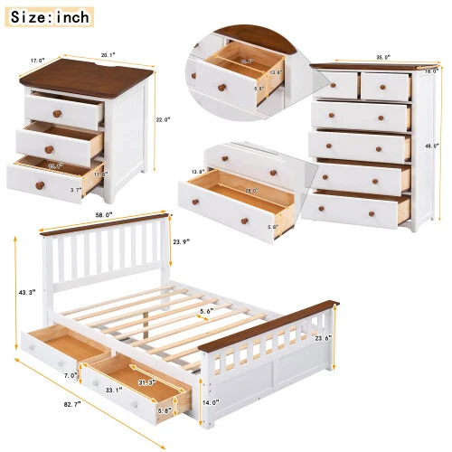 Modern Bedroom Furniture Set Full Queen Size Platform Bed Frame Nightstand Chest - Image 4 of 4