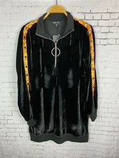 PRETTYLITTLETHING SWEATER DRESS NEW SIZE 6 WOMEN'S BLACK VELVET GOLD TRIMS (J23)