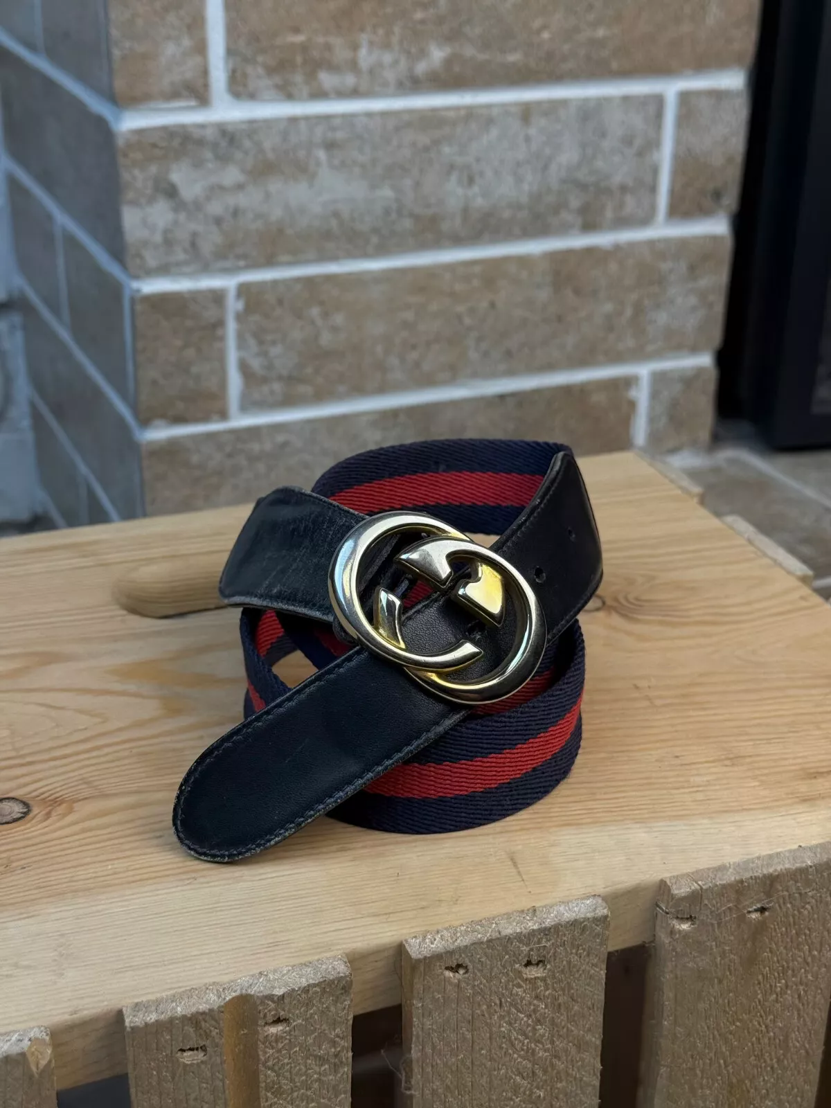 Ceinture cuir toile bleu rouge vintage Gucci GG années 90 85 cms