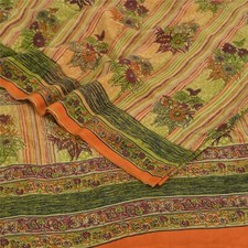 Sanskriti Vintage Saree Multicolor Pure Crepe Silk Floral Print Sari 5Yd Fabric