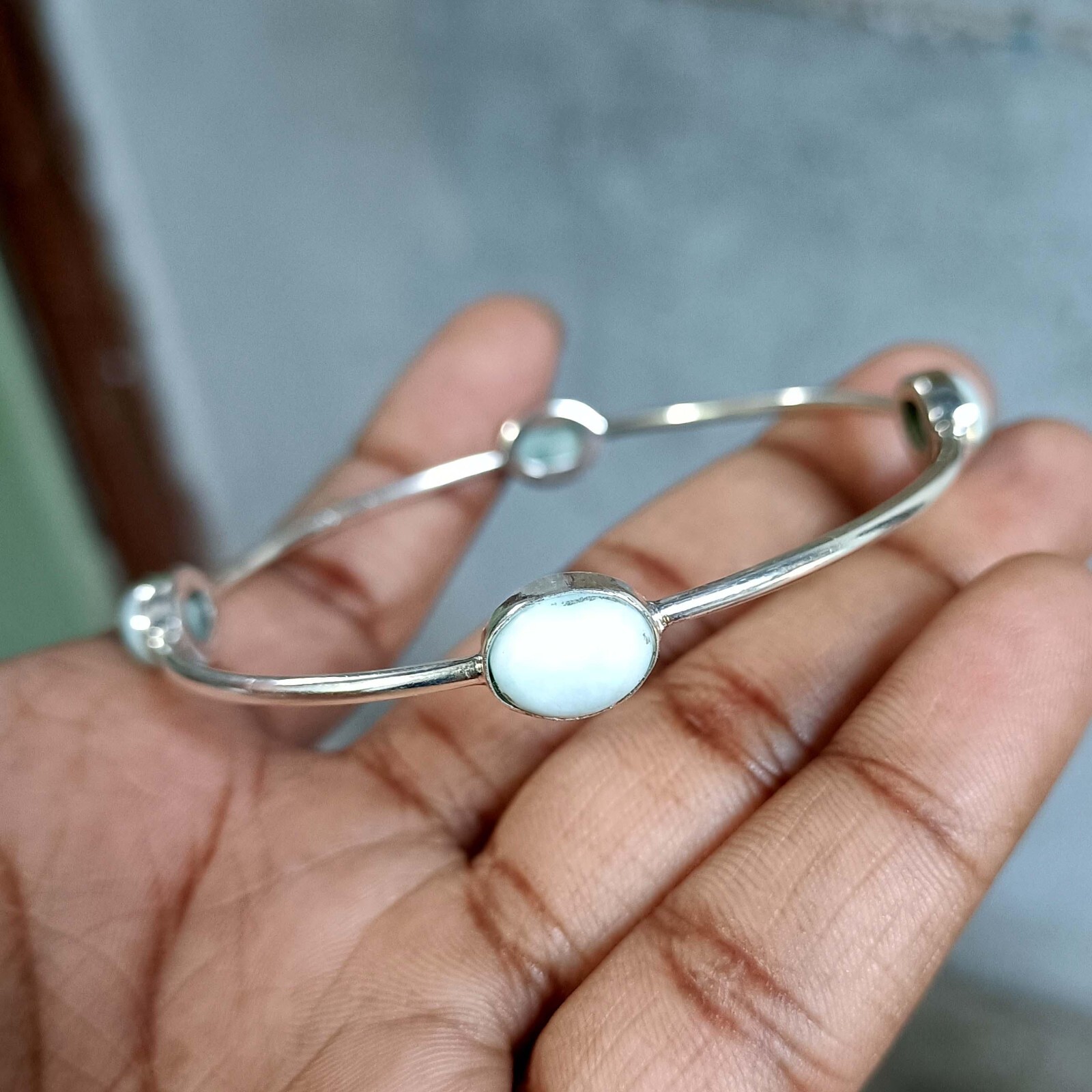 Handmade Dainty Larimar Bangle with 925 Sterling Silver Natural Gemstone-image
