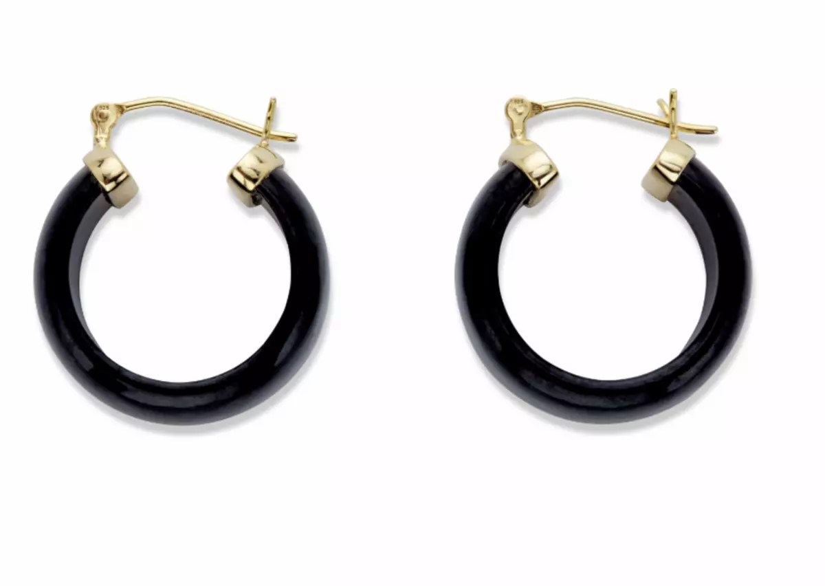 GENUINE BLACK JADE HOOP EARRINGS IN GOLD TONE STERLING SILVER 3 4