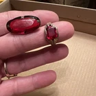 Czechslovakia Vintage Brooch And ring, Red Glass, Costume Jewelry Silver/Brass