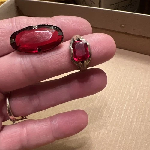 Czechslovakia Vintage Brooch And ring, Red Glass, Costume Jewelry Silver/Brass