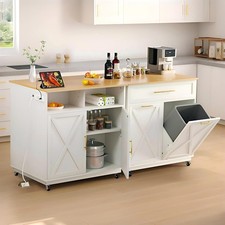 Rolling Kitchen Island W/ Double Tilt Out 10 Gallon Trash Can Cabinet Power