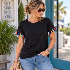 PS Kate T-Shirt Womens Large Black Tassel Sleeve Boho Festival Stretch USA Made