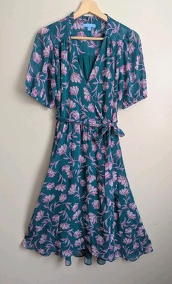 Draper James RSVP Midi Dress Sz S Teal Pink Floral Wrap Flowy Ruffle Neck Lined 