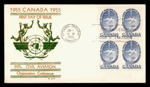 DR WHO 1955 CANADA FDC CIVIL AVIATION ANIV BLOCK H&E CACHET M76619