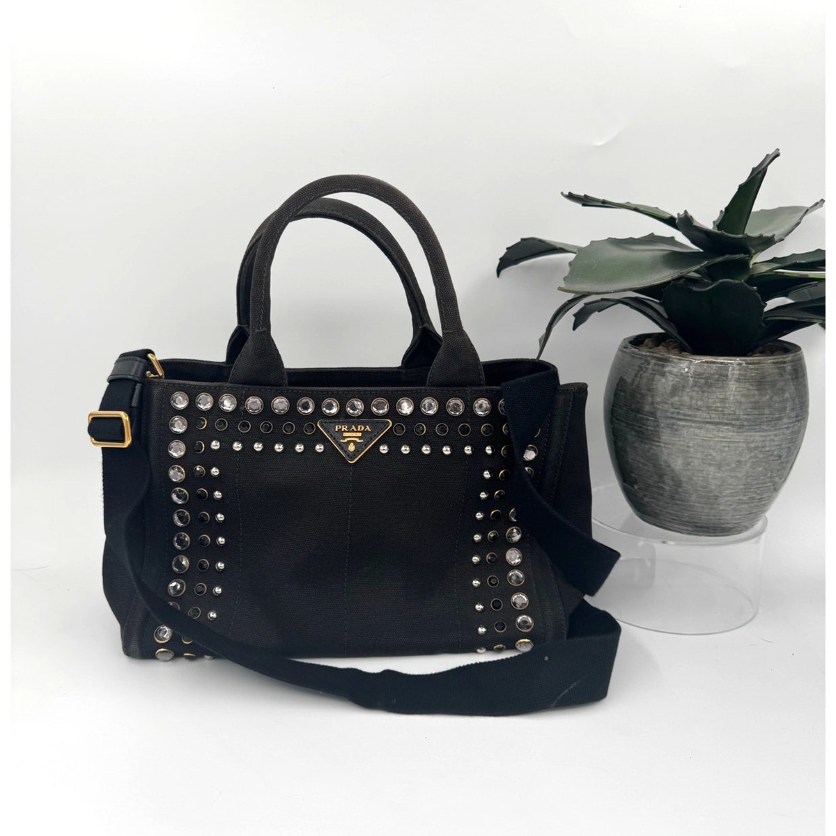 Prada Canapa Studded Black Canvas Tote Bag Strap Rhinestone