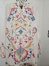 nl PRÊT Embroidered Floral Long Tunic Dress, Cream Multicolor, Sz M