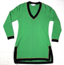 St. John Santana Knit Green Dress V-Neck Small Long Sleeve Black Gold Trim