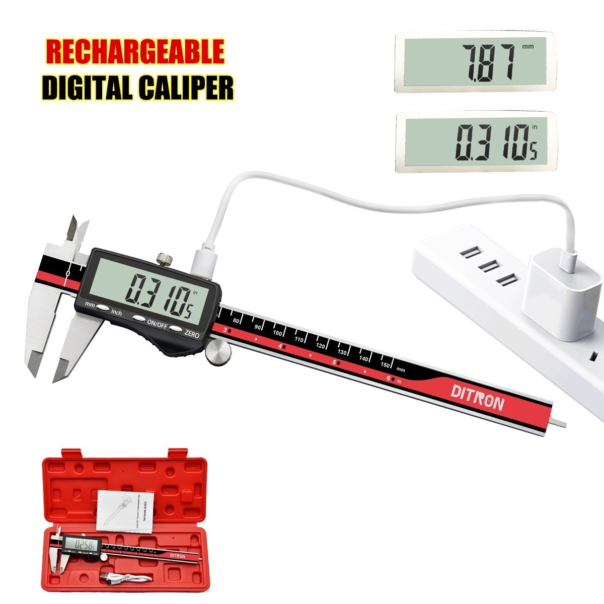 12"Rechargeable Digital Caliper with Stainless Steel Ruler&Large LCD Read