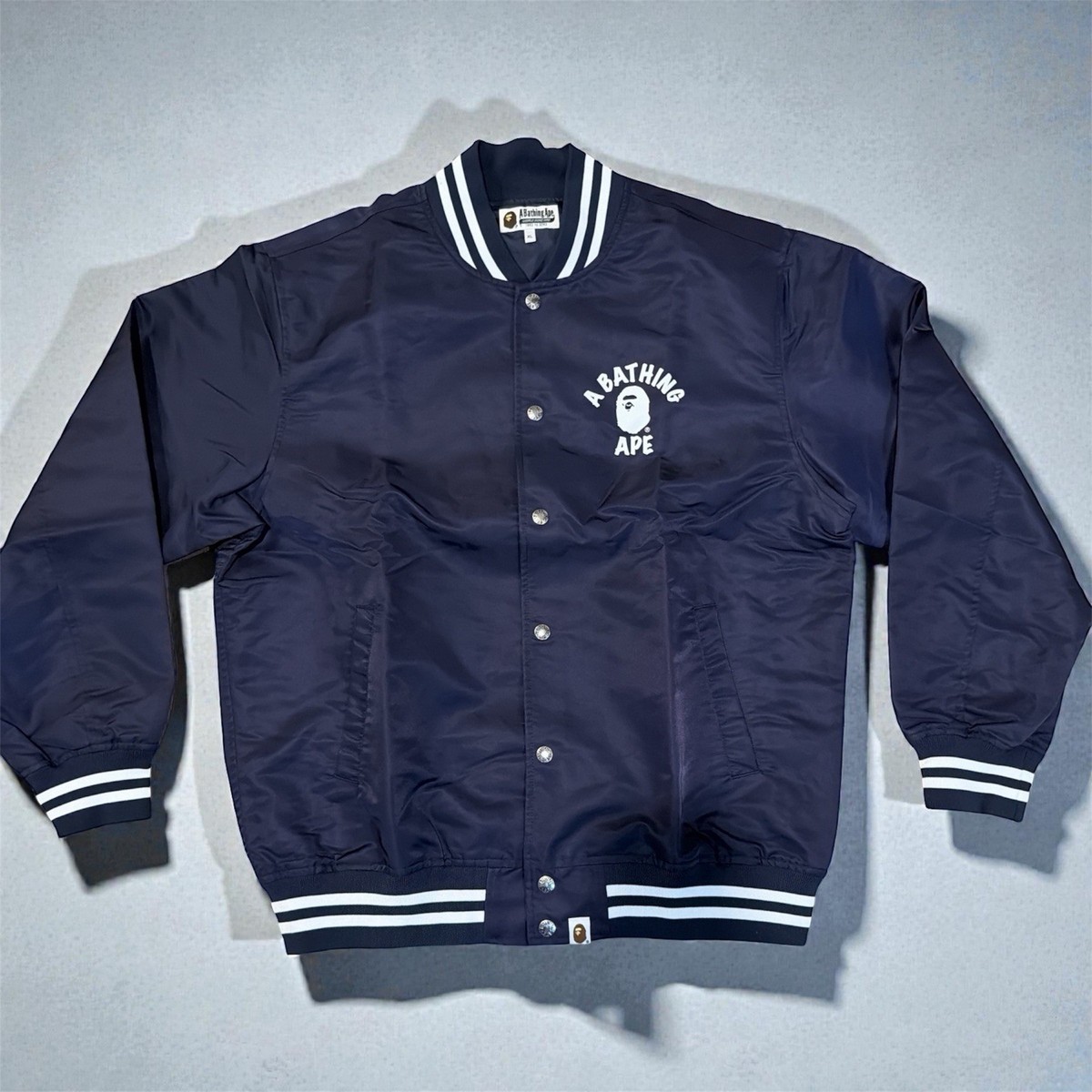BAPE A Bathing Ape NAVY Varsity Jacket Logo Snap Button Streetwear